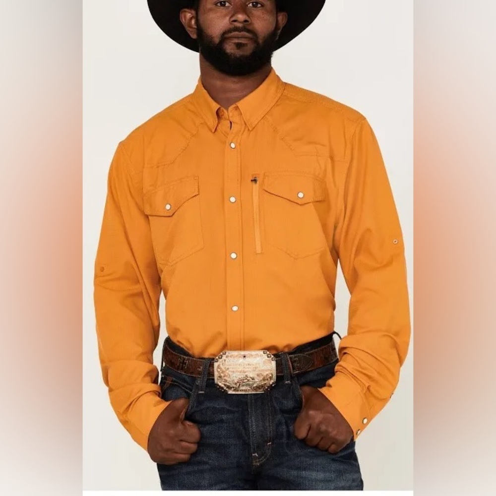 Rank 45 Roughie Tech Western Shirt Pearl Sn Roll Tab Long Sleeve Sz M Gold